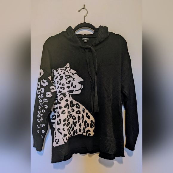 Torrid Black Knit Leopard Cheetah Hooded Sweater sz 0/L/12 - Picture 2 of 9